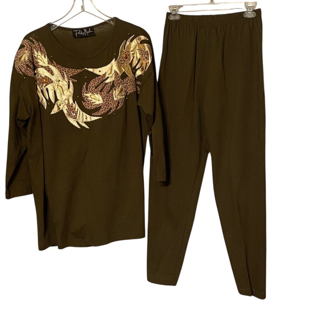 PHILIP NOEL Vintage 2-pc Leopard Print Applique Jewel and Metal Beading Size O/S